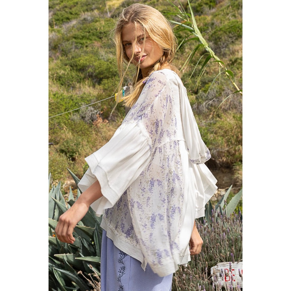 POL Enchanted Lilacs Button Down Jersey Hoodie Top in Ivory